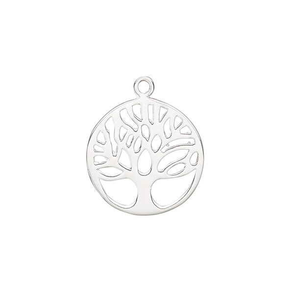 Drop, sterling silver, 18mm double-sided flat round with cutout tree of life. Sold individually. image number 0