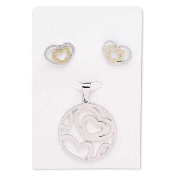 Pendant and earring, stainless steel and gold-finished stainless steel, 33mm stardust round with heart cutout design, 17x12mm stardust heart with post. Sold per set. image number 0