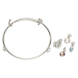 Bracelet / drop / charm assortment 1pkg5, antique silver-finished brass and steel / glass, vintage rose / clear / aquamarine, mixed sizes and shapes, 7-1/2 inches