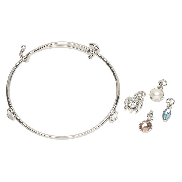 Bracelet / drop / charm assortment 1pkg5, antique silver-finished brass and steel / glass, vintage rose / clear / aquamarine, mixed sizes and shapes, 7-1/2 inches image number 0