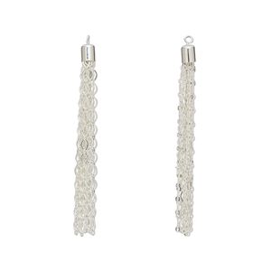 Focal, silver-plated brass, 3 x 1/4 inch tassel with long and short chain. Sold per pkg of 2.