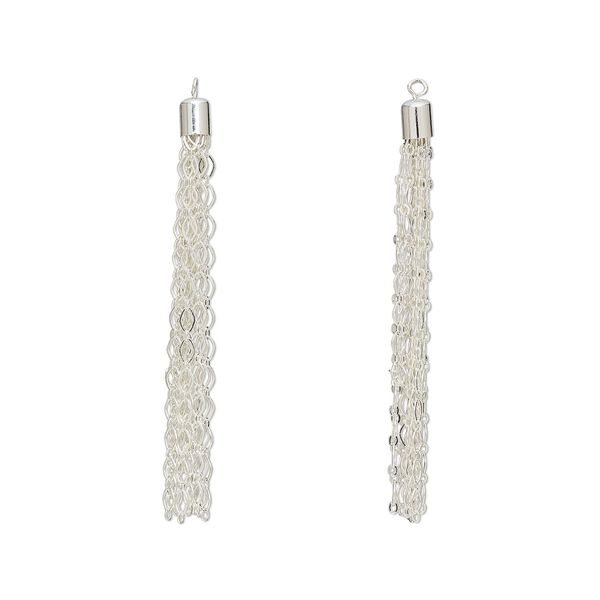 Focal, silver-plated brass, 3 x 1/4 inch tassel with long and short chain. Sold per pkg of 2. image number 0