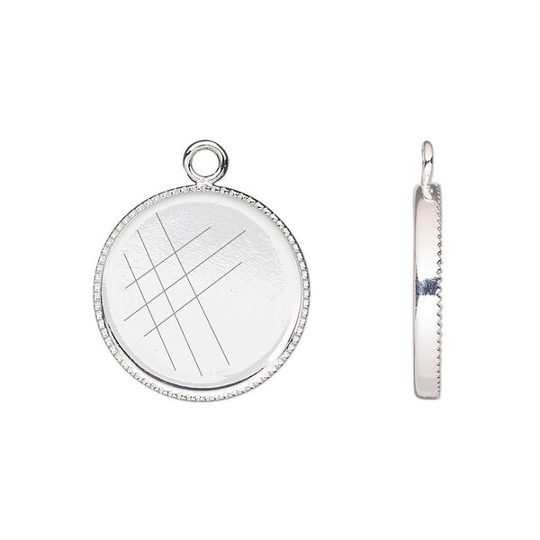 Drop, silver-plated brass, 17mm round with beaded edge and 16mm round bezel cup setting. Sold per pkg of 6. image number 0