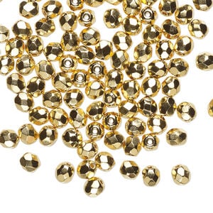 Bead, Czech fire-polished glass 1pkg100, opaque 14Kt gold-plated clear, 4mm faceted round.