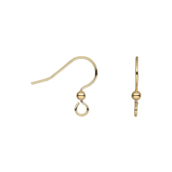 Ear wire fishhook 1pkg50, 15mm / 2.5mm ball / open loop, 21 gauge gold-plated stainless steel / brass 25 pair image number 0