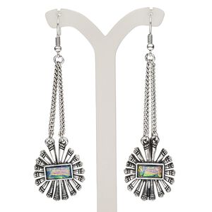 Earring, resin / antique silver-plated steel / brass / "pewter" (zinc-based alloy), opalescent multicolored, 3 inches with oval and fishhook ear wire. Sold per pair.