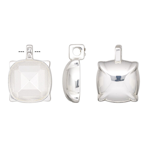 Drop, Almost Instant Jewelry®, crystals and silver-plated "pewter" (zinc-based alloy), clear, 17.5x13mm rounded square with 12mm faceted cushion setting. Sold individually. image number 0