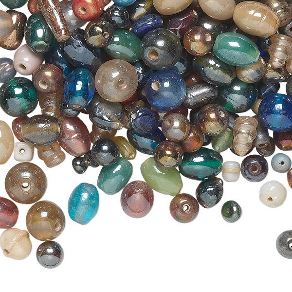 Bead mix, lampworked glass and pressed glass, mixed colors with luster finish, 4mm-22x15mm mixed shape. Sold per 1/4 kilogram pkg, approximately 450-500 beads. image number 0