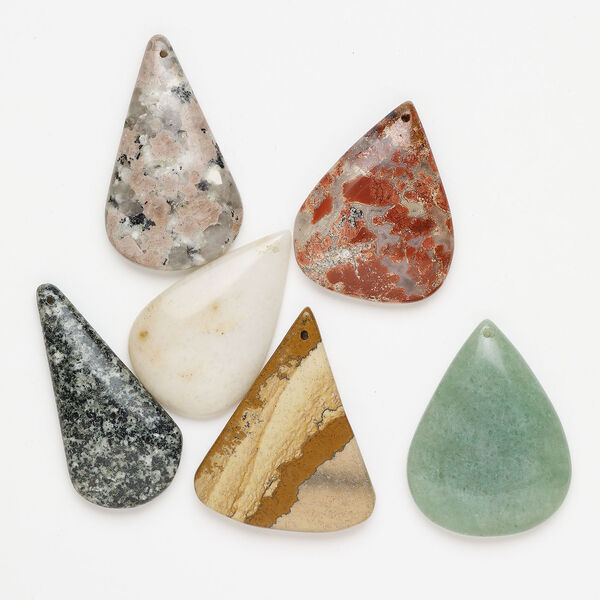 Multi-gemstone 1pkg6, top-drilled puffed / flat teardrop, focal mix 41x18mm-48x27mm image number 0