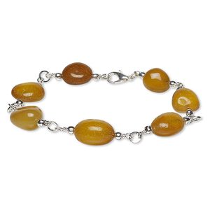 Bracelet, agate (dyed) with silver-plated brass and steel, amber yellow, small to medium hand-cut nugget, 7-1/2 inches with lobster claw clasp. Sold individually.