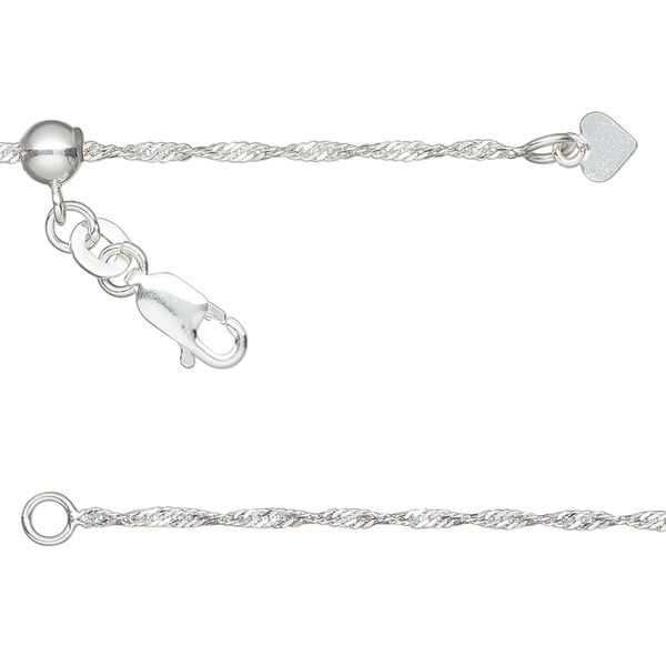 Chain 1pkg1, sterling silver and silicone, 1.5mm Singapore, 16 to 24 inches with lobster claw clasp and 5mm adjustable slider bead. image number 0