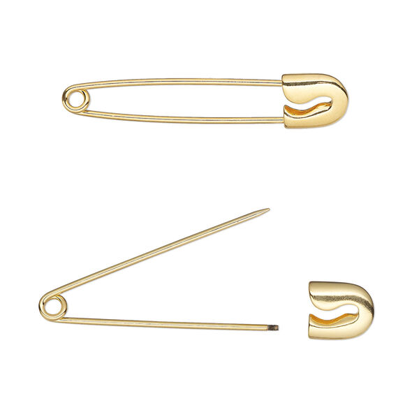 Safety pin, stainless steel and gold-plated brass, 2-3/8 inches. Sold per pkg of 2. image number 0