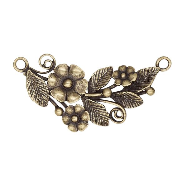 Focal, JBB Findings, antiqued brass, 31x19mm single-sided with flowers and leaves, 2 loops. Sold individually. image number 0