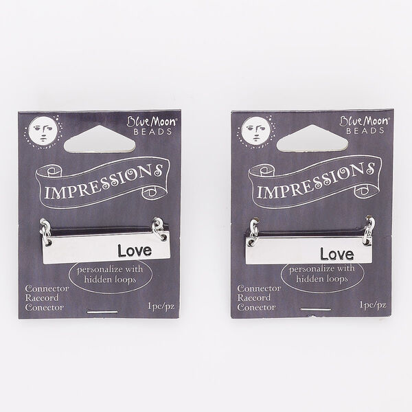 Focal, enamel / steel / silver-finished "pewter" (zinc-based alloy), black, 37x8mm rectangle with "Love" (3) hidden loops. Sold per pkg of 2. image number 0