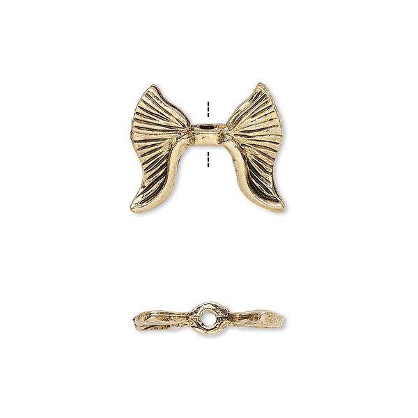 Bead, antique gold-plated pewter (tin-based alloy), 16x14mm double-sided textured wing, fits 5.5mm bead. Sold per pkg of 2. image number 0