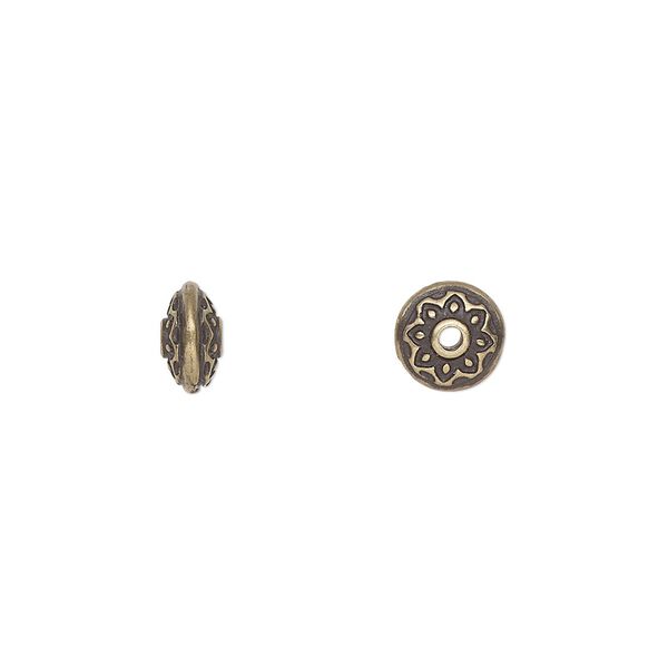 Bead, TierraCast®, antique brass-plated pewter (tin-based alloy), 7.5x4mm two-sided rondelle with lotus design. Sold per pkg of 10. image number 0