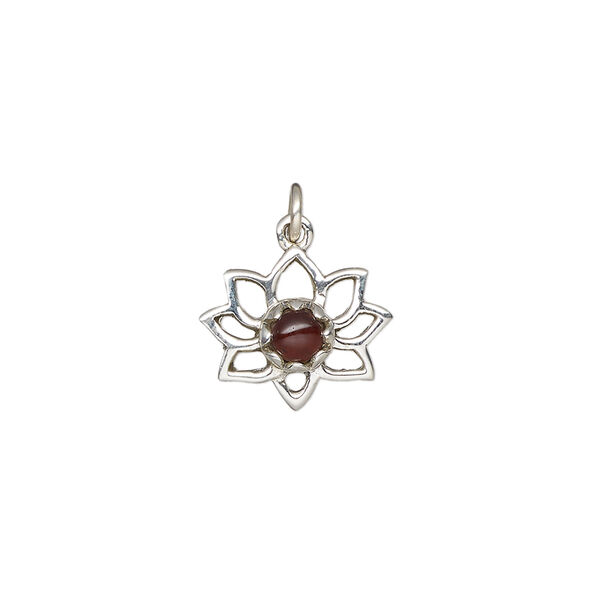 Garnet / sterling silver 1pkg1, antiqued open lotus drop natural 14.5x12mm image number 1