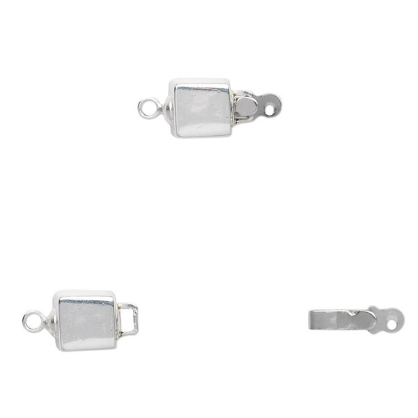 Clasp, tab with safety, sterling silver and stainless steel, 6x6mm smooth cube. Sold individually. image number 0