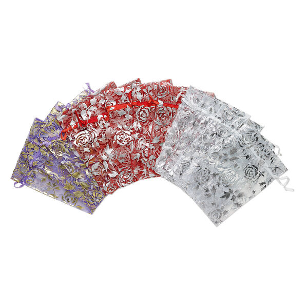 Pouch mix, organza, mixed colors, 4-1/2 x 3 inches with rose pattern and drawstring. Sold per pkg of 12. image number 0