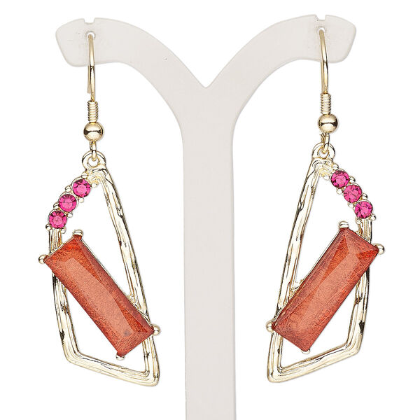 Earring, resin / glass rhinestone / gold-finished brass / "pewter" (zinc-based alloy), fuchsia and red, 2-1/2 inches with trapezoid and fishhook ear wire. Sold per pair. image number 0