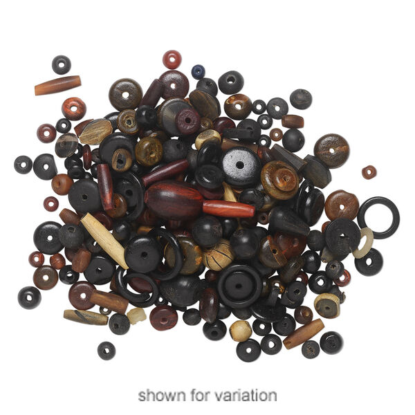 Bead mix, bone and horn (dyed), red / black / brown, 8mm-51x37mm mixed shape. Sold per 1/4 kilogram pkg, approximately 225 to 375 beads. image number 2