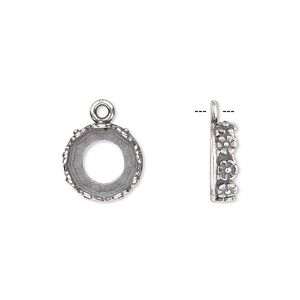 Drop, JBB Findings, antique silver-plated brass, 12mm round with open back and flower design trim, 10mm round bezel setting. Sold per pkg of 2.