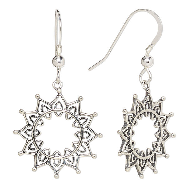 Earring, Create Compliments®, antiqued sterling silver, 39mm open flower and fishhook ear wire, 21 gauge. Sold per pair. image number 0