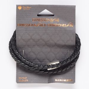 Bracelet, wrap, faux leather and silver-finished "pewter" (zinc-based alloy), black, 4mm braided, 24-1/2 inches with magnetic barrel clasp. Sold individually.