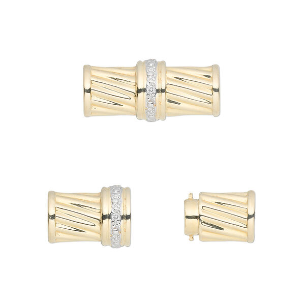 Clasp, multi-strand magnetic twist and lock, diamond (natural) and 14Kt gold, 20x9mm corrugated tube with faceted round. Sold individually. image number 0