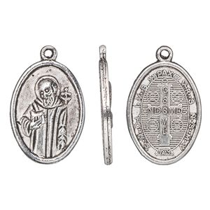 Drop, antique silver-finished "pewter" (zinc-based alloy), 23x16mm two-sided oval with Saint Benedict. Sold per pkg of 10.