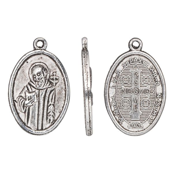 Drop, antique silver-finished "pewter" (zinc-based alloy), 23x16mm two-sided oval with Saint Benedict. Sold per pkg of 10. image number 0