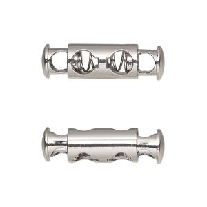 Cord lock, imitation rhodium-plated plated "pewter" (zinc-based alloy) and steel, 26x7.5mm round tube with (2) holes. Sold per pkg of 6.