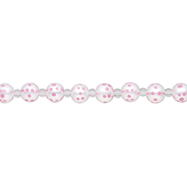 Bead, glass 1pkg8, opaque pink and white, 10mm hand-painted round. image number 1