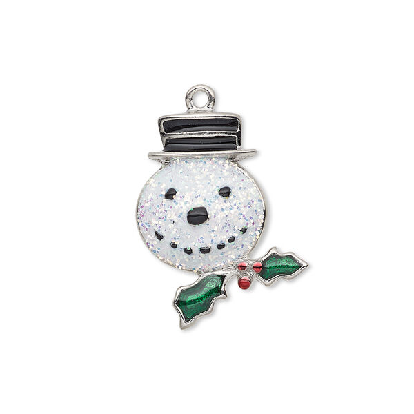 Charm, enamel and silver-plated "pewter" (zinc-based alloy), multicolored with glitter, 23x18mm single-sided snowman head with hat and holly leaves with berries. Sold individually. image number 0