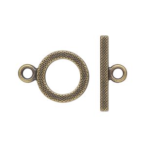 Clasp, toggle, antique brass-finished "pewter" (zinc-based alloy), 16mm textured round. Sold individually.