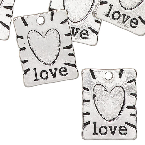 Charm, antique silver-finished "pewter" (zinc-based alloy), 20x17mm rectangle with "Love" and 11x9mm heart setting. Sold per pkg of 12. image number 0