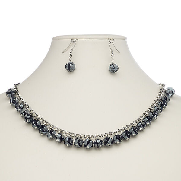 Necklace and earring set, Hemalyke™ (manmade) with silver-plated steel and brass, 10.5mm geometric round, 18-inch necklace with 1-1/2 inch extender chain and lobster claw clasp, 1-1/4 inch earrings with fishhook ear wire. Sold per set. image number 0