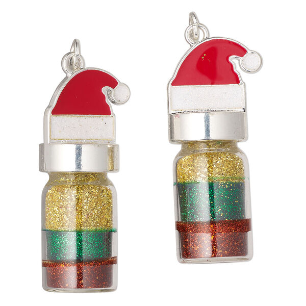 Focal, silver-finished zinc-based alloy, multicolored, 38.5 x 16.5mm bottle with Santa hat. Sold per pkg of 2. image number 0