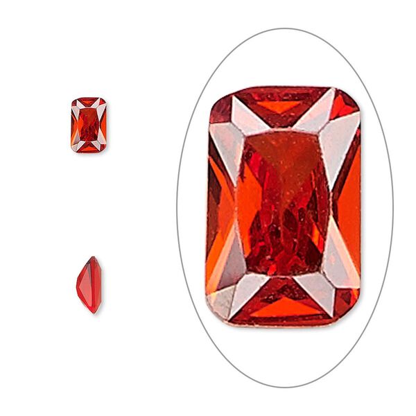 Gem, cubic zirconia, ruby red, 6x4mm faceted emerald-cut, Mohs hardness 8-1/2. Sold per pkg of 2. image number 0