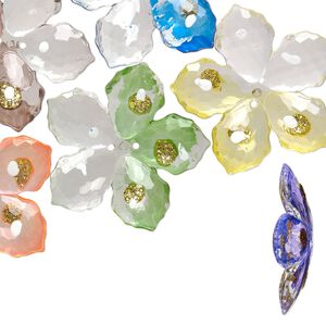 Button, acrylic, clear/white/multicolored with gold-colored glitter, 40mm single-sided flower with painted dots. Sold per pkg of 12.