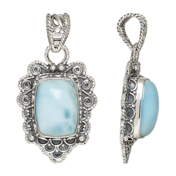 Pendant, larimar (natural) and antiqued sterling silver, 25.5x20mm with 14x10mm rectangle. Sold individually. image number 0