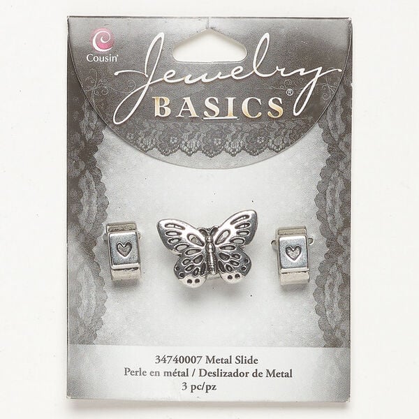 Slider bead assortment 1pkg3, antique silver-finished brass, 25x18mm butterfly / 15x8mm oval with cutout heart. image number 0