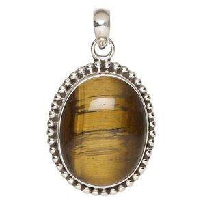 Pendant, tigereye (natural) and sterling silver, 42x30mm beaded oval. Sold individually.