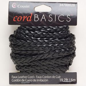 Cord, faux leather, black, 5mm braided flat. Sold per pkg of 6 meters.