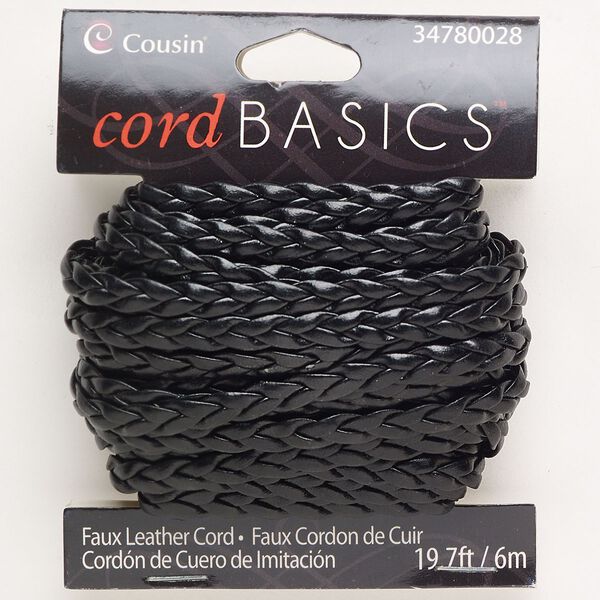 Cord, faux leather, black, 5mm braided flat. Sold per pkg of 6 meters. image number 0
