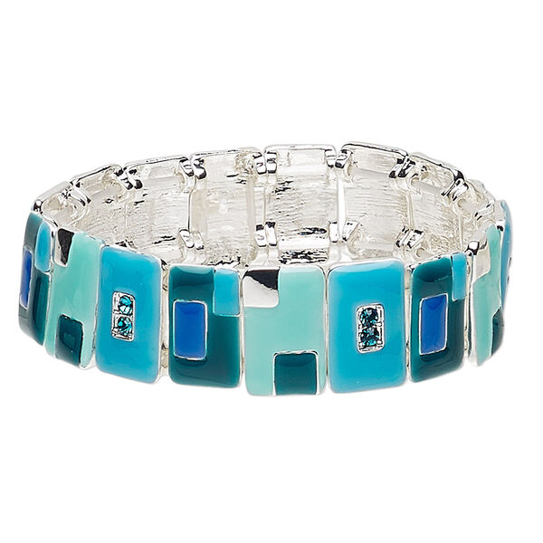 Bracelet, stretch, enamel / glass rhinestone / silver-plated "pewter" (zinc-based alloy), multicolored, 19mm wide with rectangle, 7-1/2 inches. Sold individually. image number 0