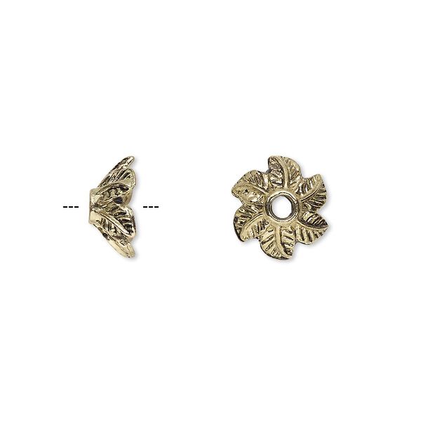 Bead cap, antique gold-finished "pewter" (zinc-based alloy), 10x5mm leaf with 2.5mm hole, fits 8-12mm bead. Sold per pkg of 20. image number 0