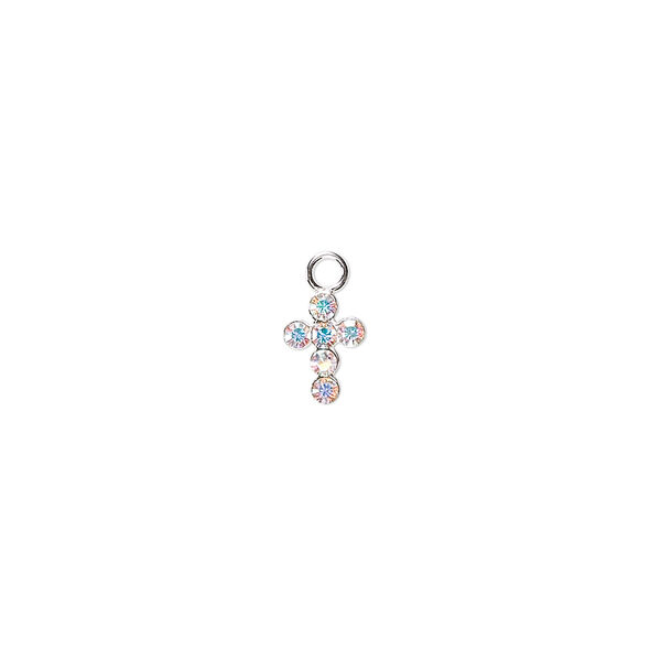 Drop, crystals and sterling silver, crystal AB, 7x5mm cross. Sold per pkg of 2. image number 0