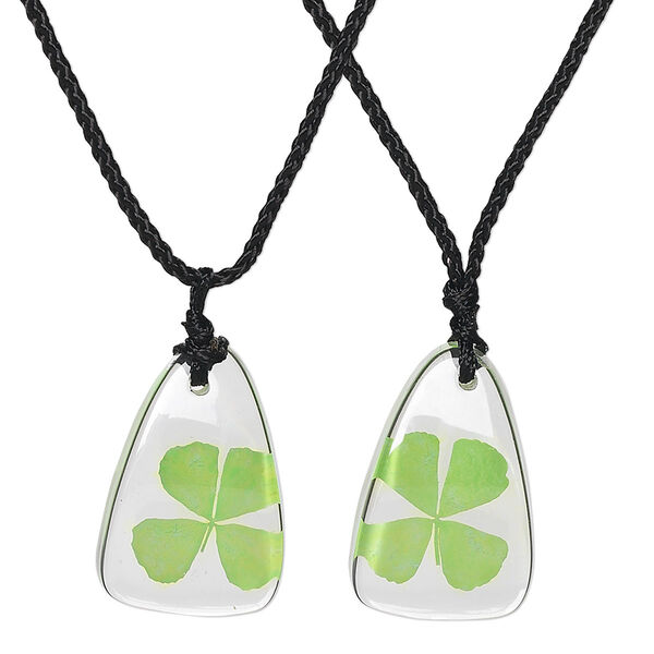 Necklace, resin / four-leaf clover / cotton, green / clear / black, 35x22mm triangle, adjustable from 16-1/2 to 22 inches. Sold per pkg of 2. image number 0