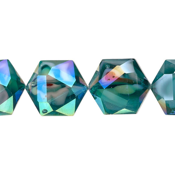 Bead, millefiori glass, marbled teal AB, 16x14mm faceted hexagon. Sold per 8-inch strand, approximately 10 beads. image number 0